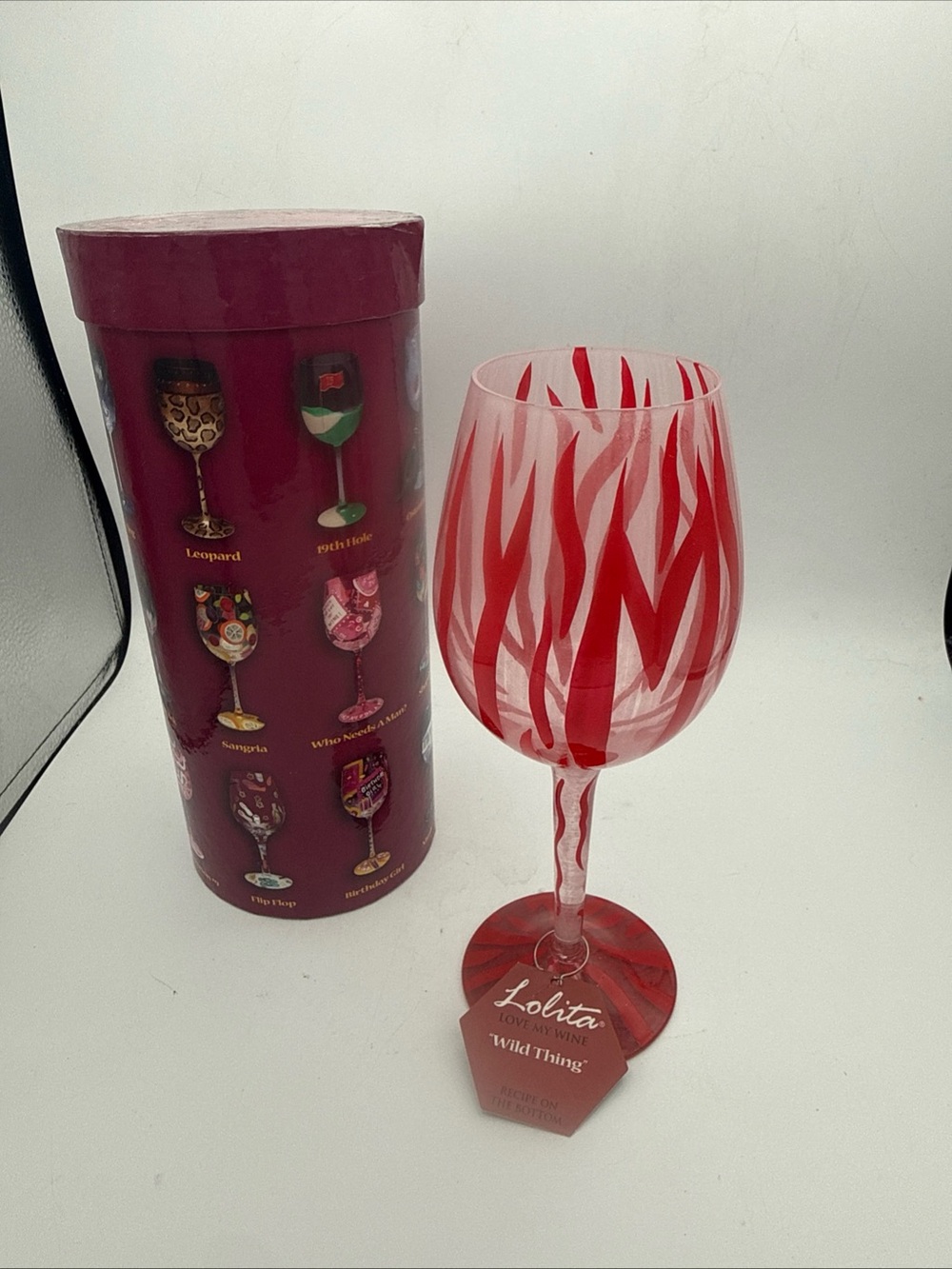 hand-painted Lolita "Wild Thing" wine glass Love My Wine collection w/ Recipe